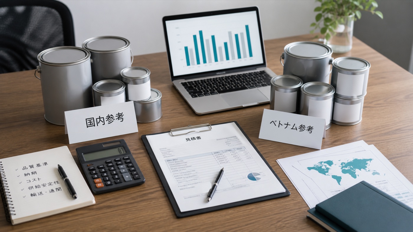 国内参考とベトナム参考の塗料缶、見積書、電卓を並べた価格比較ビジュアル